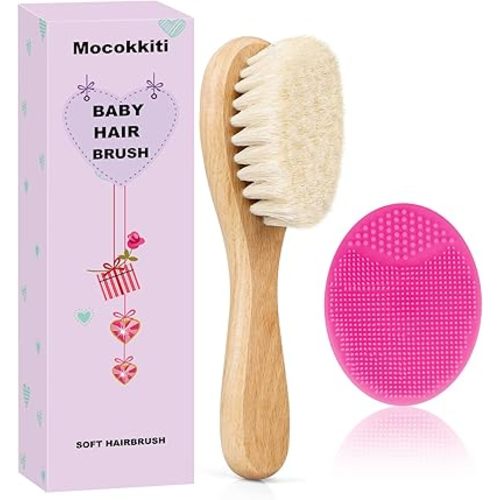 Baby Hair Brush, Goat Bristles Brush and Rose Red Baby Silicone Brush Set for Cradle Cap Wood Bristle Brush for Newborns and Toddlers (2 Piece)