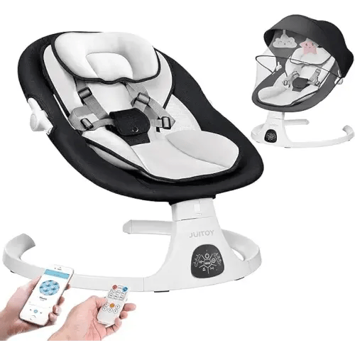 Electric Baby Swings for Infants to Toddler Baby Swing with 5-Speed 3-Seat Positions 5-Point Carabiner,with Bluetooth Music 10-Preset Melodies (Black White)