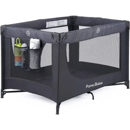 Pamo Babe Portable Crib Baby Playpen with Mattress and Carry Bag (Black)