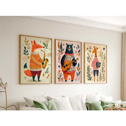 Musical Animal Print Set | Fox, Bear, Giraffe Nursery Decor