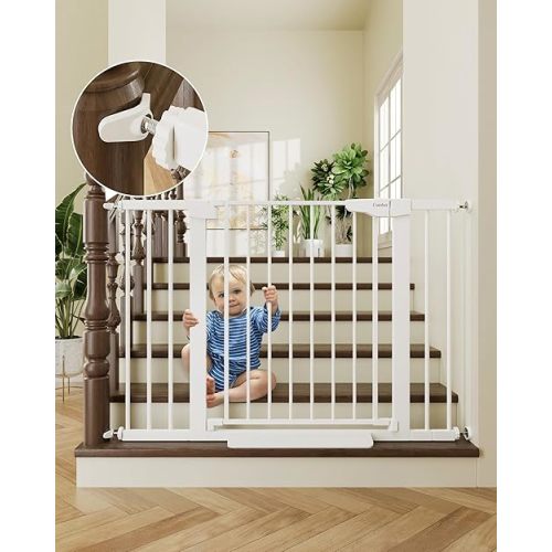 Cumbor 29.7-46" Baby Gate for Stairs, Mom's Choice Awards Winner-Auto Close Dog Gate for the House, Easy Install Pressure Mounted Pet Gates for Doorways, Easy Walk Thru Wide Safety Gate for Dog, White
