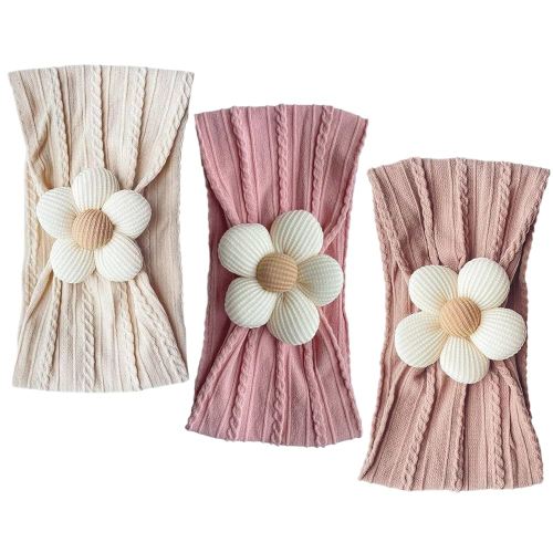 Nirvany 3 Pcs Baby Flower Headband, Nylon Baby Girl Headbands Soft Hairbands Baby Girl Accessories for Newborn Infant Toddler(Beige Pink Khaki)
