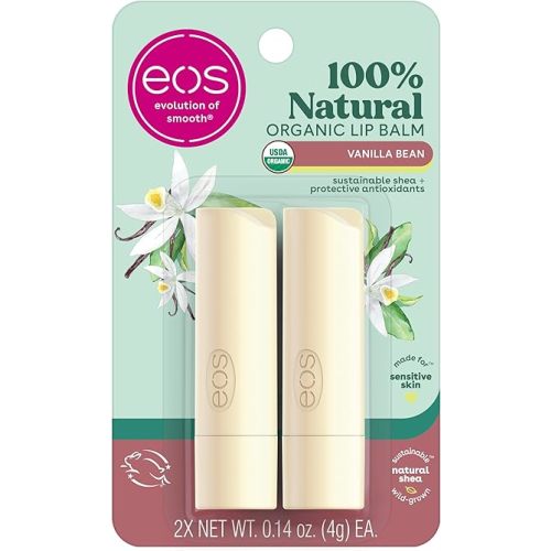 eos 100% Natural & Organic Lip Balm Sticks - Vanilla Bean, All Natural Lip Balm, All-Day Moisture, Dermatologist Recommended, 0.14 oz, 2-Pack