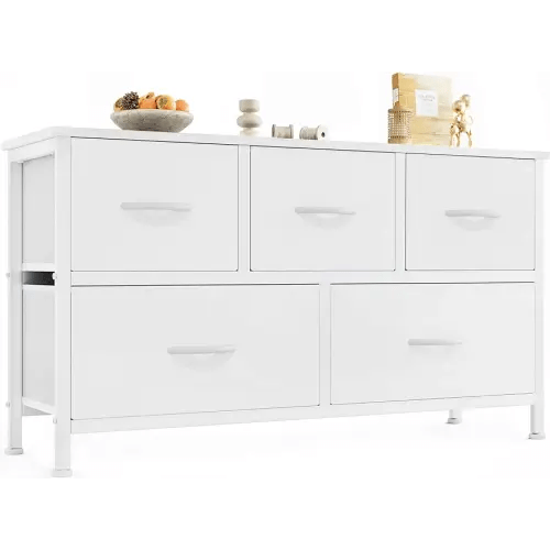 OLIXIS Dresser Storage with 5 Organizer Closet Chest Small Clothes Fabric Cabinet, Kids Furniture Drawer Binis, Nightstand for Bedroom, Living Room, Nursery, Entryway, White
