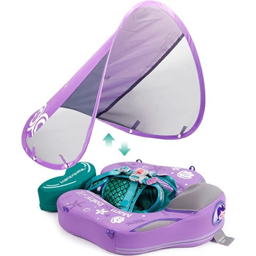 Mambobaby Baby Float with Canopy & Add Tail – Non-Inflatable Swim Trainer for Infant Waist, Upgraded Adjustable Safety Strap, Portable Pool Floats Toy for Toddler (Purple Mermaid)