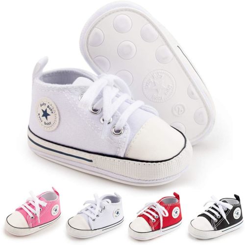 Meckior Baby Girls Boys Canvas Sneakers Soft Sole High-Top Ankle Infant First Walkers Crib Shoes - A03/White With Rubber Sole