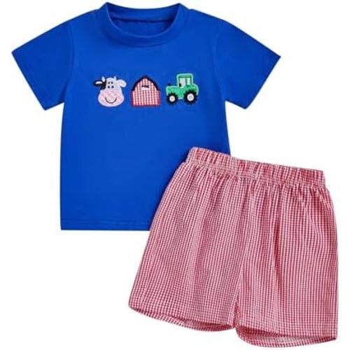 Toddler Baby Boy Summer Outfits Short Sleeve Embroidered T Shirt Tees + Striped/Plaid Shorts Infant Clothes Set
