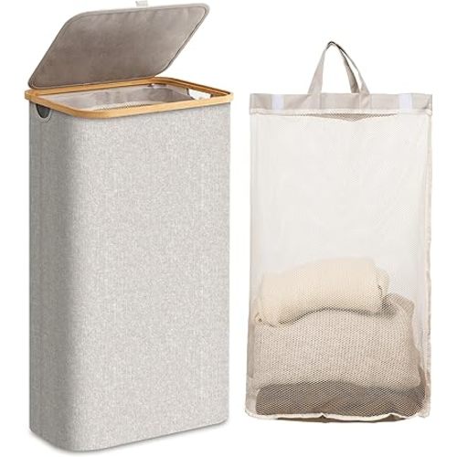 Laundry Hamper with Lid, 60L Slim Laundry Basket with Bamboo Handles and Removable Inner Bag, Collapsible Dirty Clothes Hamper Laundry Bin for Bathroom, Bedroom, Dorm Laundry Room(Light Grey)