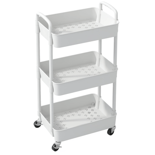 Sywhitta 3-Tier Plastic Rolling Utility Cart with Handle, Multi-Functional Storage Trolley for Office, Living Room, Kitchen, Movable Storage Organizer with Wheels, White