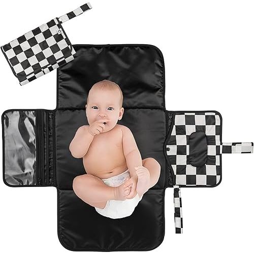 Tiny Twinkle Portable Diaper Changing Pad-Foldable Waterproof Changing Mat&Portable Changing Pad for Travel,Baby Changing Station with Smart Wipes Pocket&Storage (Black Checkers)