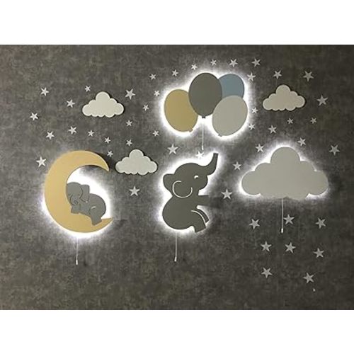 Nursery Lamp Set of 4 Moon, Cloud, Elephant, and Balloon, Baby Room Sign Wall Night Light Cloud Shape Gift Baby Montessori Bedroom Lamp Decor (Boys, Blue)
