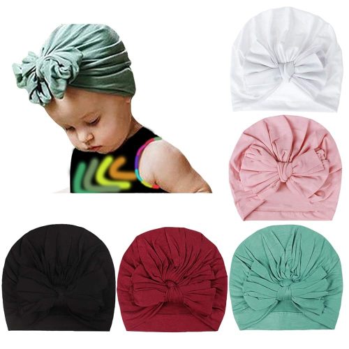 DRESHOW BQUBO 5 Pieces Newborn Baby Turban Hats Bow Baby Infant Beanie Breathable Toddler Cap for Baby Girls