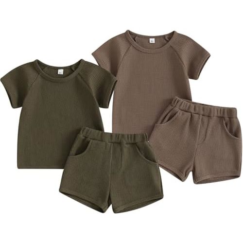 4Piece Baby Boys Summer Set Toddler Cotton Outfits 2 Short-Sleeve Tops + 2 Shorts
