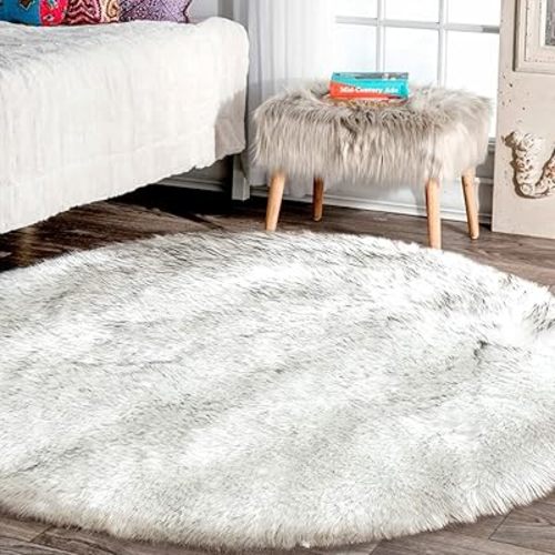 Latepis Large Circle Area Rugs for Living Room Round Rug 8ft Fluffy Bedroom Rug White with Grey Tips Shaggy Rug Washable Shag Rug Faux Fur Rug Fuzzy Rug for Floor Plush Rug