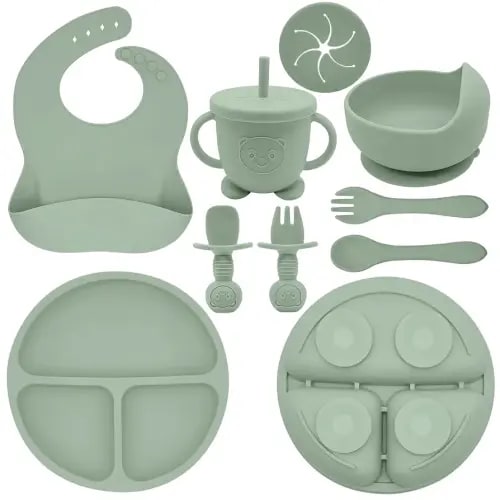 Silicone Baby Feeding Set | Suction Bowls and Divided Plates, Adjustable Bib, Baby Utensils Spoons and Forks,Cup | Baby Feeding Essentials (Light Green)
