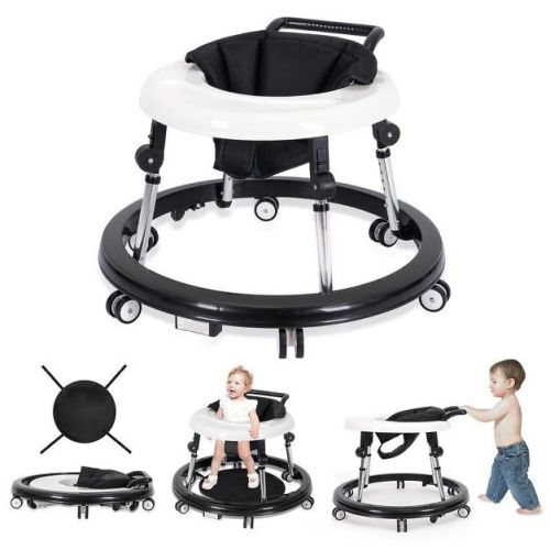 Wismind Foldable Baby Walker with Adjustable Height and Wheels, Portable Anti-Rollover Design-Black