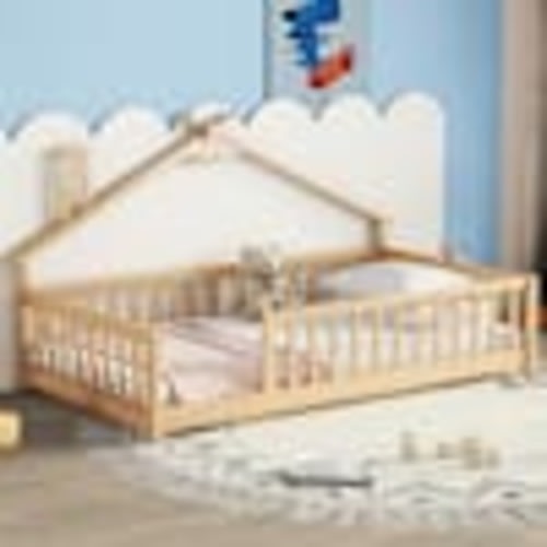 Harper & Bright Designs Natural Wood Frame Twin Size House Floor Bed with Chimney Design, Fence Guardrails, Slats GCCPXQP143299