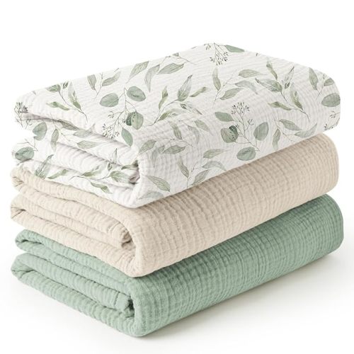 Konssy 3 Pack Muslin Swaddle Blankets for Unisex, Newborn Receiving Blanket, Large 47 x 47 inches, Soft Breathable Muslin Baby Swaddles for Boys & Girls - Green Watercolour