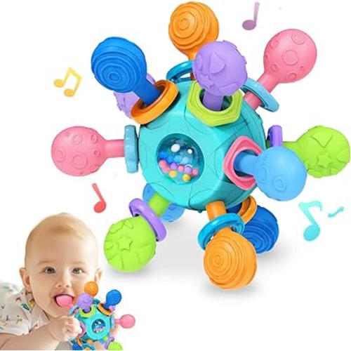 Baby Montessori Teething Toys 0-6 6-12 Month, Food Grade Baby Rattle Chew Sensory Teething Toys, Newborn Infant Learning Developmental Toys Birthday Gifts for Boys Girls - Cyan