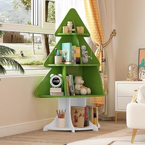 Christmas Tree Shelf Kids Bookshelf Toddler Bookcase 4-Tier Baby Book Rack Children Toy Storage Organizer Wood Display Shelf Nursery Playroom Bedroom Classroom School Homeschooling Boy Girl Gift