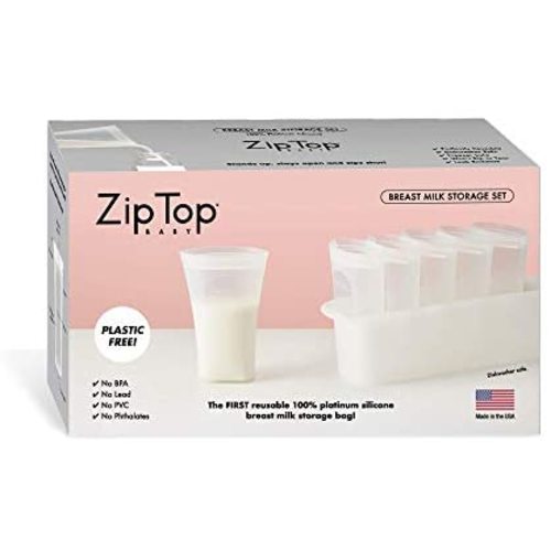 Zip Top Reusable 100% Platinum Silicone Breast Milk Storage Bag Set of 6 + Freezer Tray - Milk Bags + Tray Set