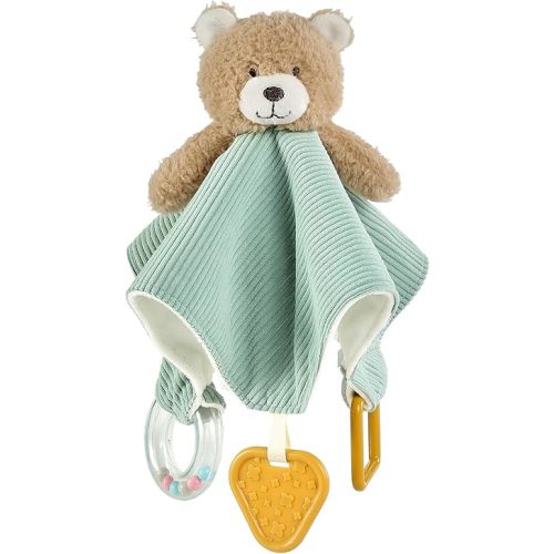 CREVENT 3-in-1 Baby Lovey Blanket with Teether & Rattle | Plush Chewable Animal Head Security Blanket, Birthday Gift - Blue Bear
