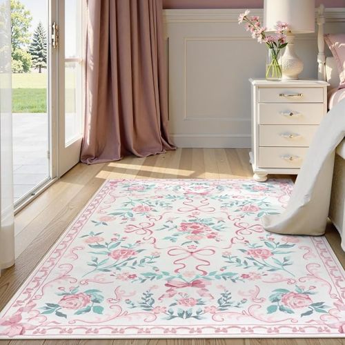 Collive Pink Floral Rugs for Bedroom Girls, 5x7 Bow Nursery Rug for Dorm Washable Area Rug for Living Room, Cute Ultra-Thin Non Slip Indoor Decor Carpet for Kids Room Playroom (Pink 5' x 7')