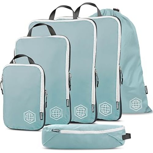 Extra Large Compression Packing Cube 6 Piece Set for Travel and Check Luggage by TRIPPED Travel Gear (Teal and White)