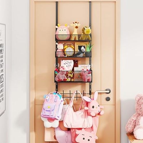 Consumest Over The Door Hooks Organizer - 4 Tier Adjustable Door Hanger with 3 Metal Basket, Hanging Coat Rack with 12 Hooks, Back Organizer for Bathroom, Living Room, Bedroom, Black