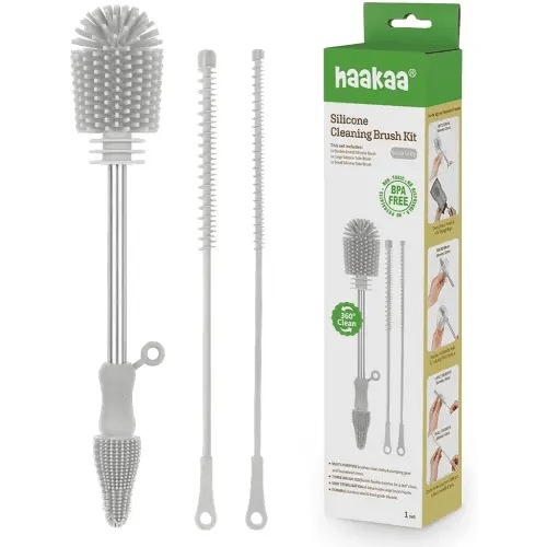 Haakaa Silicone Cleaning Brush Kit – Household Cleaning Brushes for Bottles and Crevices – Food-Grade Silicone: Dishwasher Safe (Kit-Grey)