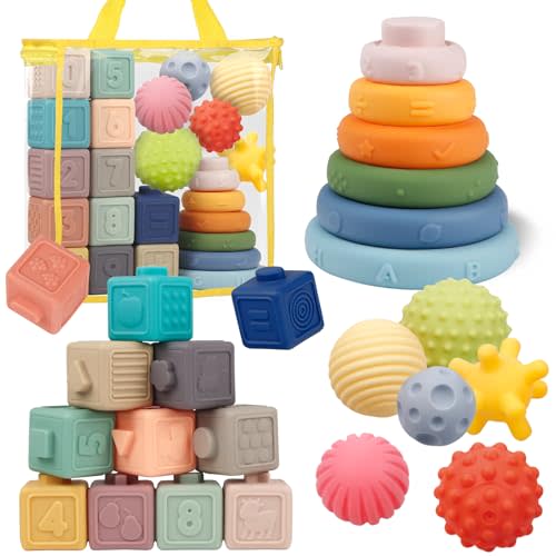 Montessori Toys for Babies,Soft Stacking Building Blocks Rings Balls Sets,3 in 1 Baby Toy Bundle,Sensory Toy for 6-12 Months, Soft Teething Toys for Babies,Baby Gifts for Boy Girl