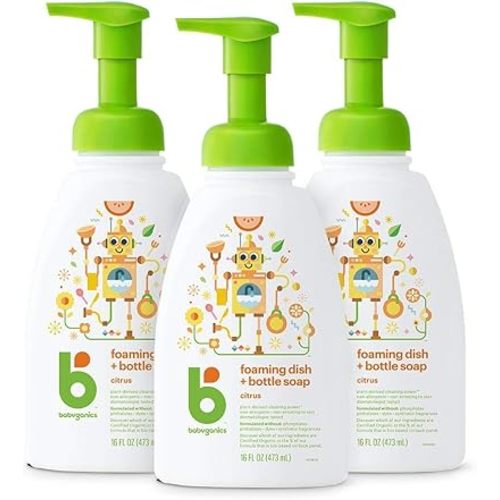 Babyganics Foaming Dish & Bottle Soap, Pump Bottle, Fragrance Free, Plant-Derived Cleaning Power, Removes Dried Milk, 16 Fl Oz, (Pack of 3), Packaging May Vary