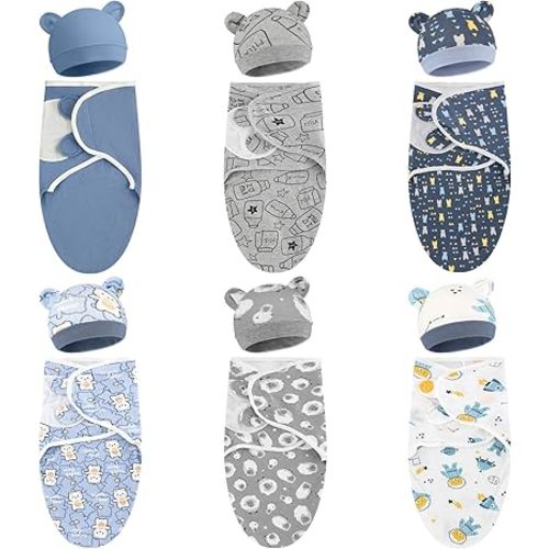 6 Pack Cotton Baby Swaddle Blanket Wrap with Matching Hat Set - Preemie Receiving Blanket for Newborn Boy or Girl (Blue Series, 3-7 Lbs)