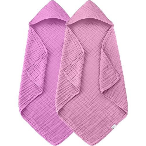 2 Pack Hooded Baby Towels - 100% Muslin Cotton for Newborns, Infants, Toddlers - Large 32x32 Inch Size - Highly Absorbent and Essential for Newborn Care, Deep Sakura