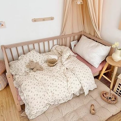 BuLuTu Beige Kids Toddler Baby Duvet Cover Girls Muslin Duvet Covers Floral Nursery Quilt Cover Gauze Bedding Coverlet, 47"x59", Crapemyrtle Print (No Pillowcases)