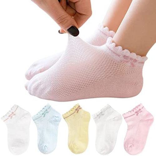 Looching 5 Pack Baby Girls Boys Mesh Thin Socks Cotton Low Cut Kids Toddler No Show Ankle Socks 1-12T Soft White/Multicolor