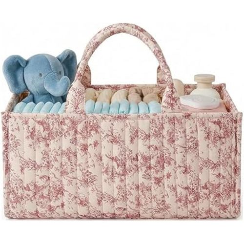 Quilted Fabric Storage Basket Floral Baby Diaper Caddy Quilted Basket Organizer for Newborn Nursery Bedroom Car Storage