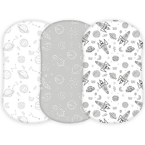 TansyPanda Bassinet Sheets for Halo Bassinest Swivel, Flex, Glide, Premiere and Luxe Series Sleeper, Pack of 3, 33 X 17 Inch, Ultra Soft and Snug Fit, Unisex Boys Girls, Gray White (Space Rockets)