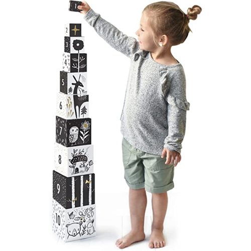 Wee Gallery Nesting Blocks - Woodland Animals and Numbers, Black and White Stacking and Building Toy for Toddlers and Kids, Motor Skills, Creative Play and Problem Solving for Children (Age 2 and up)