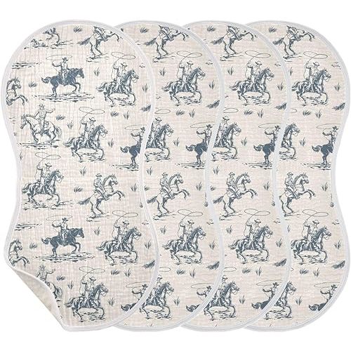 JHKKU Muslin Burp Cloths for Baby Boys and Girls - 4-Pack Ultra Absorbent Western Cowboy Muslin Washcloths, Newborn Towel, Milk Spit Up Rags, Burp Cloth Bib for Unisex, 22 x 11 Inch