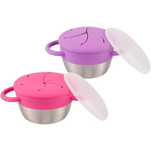 Elk and Friends Stainless Steel Snack Cups – Pack of 2 | Removable Silicone Food Catcher and Travel Lid | Spill-Proof Snack Containers for Baby, Toddler, Kids | Dishwasher Safe, Food Grade Silicone