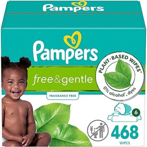 Pampers Free & Gentle 100% Plant-Based Fragrance Free Baby Wipes, 6 pack, 468 Count