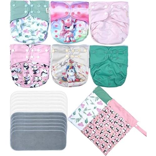 Cloth Washable Diapers for Baby with 6pcs Diaper Covers and 12 Inserts 2 Wet Dry Bags for Day and Night Usage (Girl Prints 01)