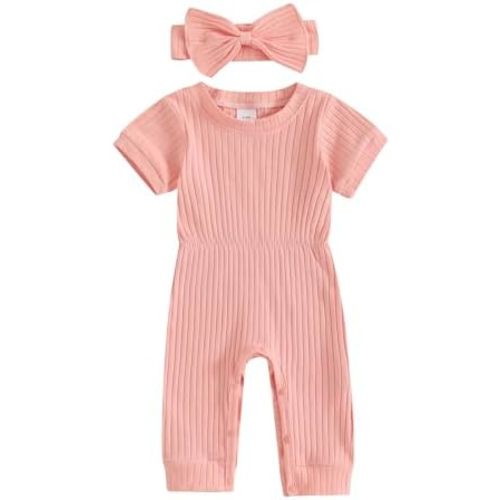 Winioder Newborn Baby Girl Summer Clothes Solid Color Ribbed Short Sleeve Romper Jumpsuit with Headband Coming Home Outfit
