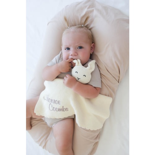 Personalized Cotton Knit Security Blanket with Animal, Embroidered Name, Newborn Baby Comfort Blanket, Knitted Baby Shower Gift