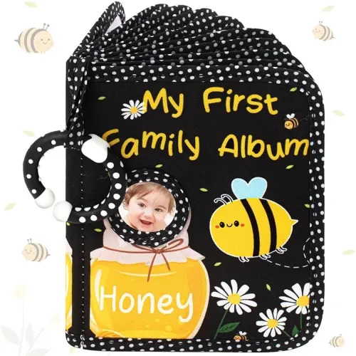 My First Photo Album for Baby Soft Toddlers Family Photo Book with Safe Mirror Holds 17 4 x 6 Photos Family Album Picture Book Gift for Newborn Toddler Kids Baby Shower(Bee)