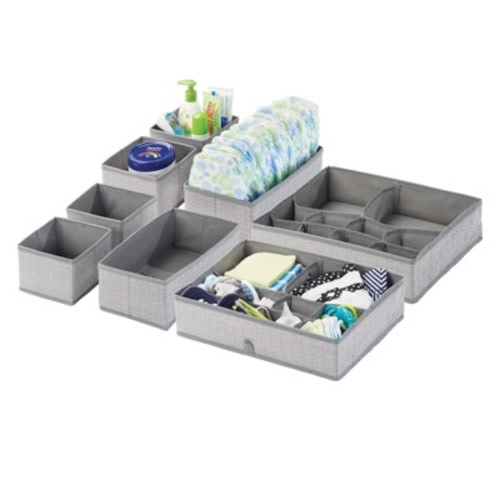 mDesign Fabric Nursery/Playroom Divided Drawer Organizer Storage Bin, 2 Pack - Herringbone Gray
