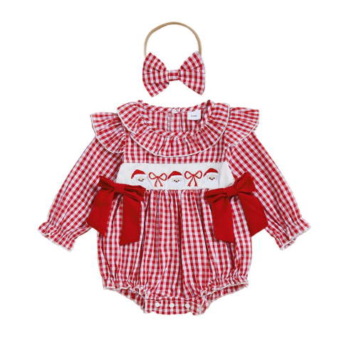 yocbz Girls Christmas Outfit Newborn Infant Baby Girl Christmas Outfit Santa/Christmas Tree Embroidery Plaid Smocked Bubble Romper Ruffle Bodysuit Red,Size for 0-3 Months