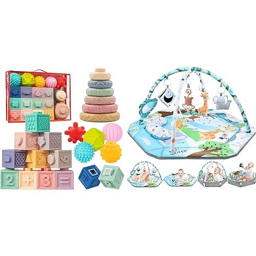 Jyusmile Baby Gym Play Mat, 8-in-1 Tummy Time Mat & Ball Pit, Montessori Toys for Babies Incl Stacking Building Blocks & Soft Infant Toys & Sensory Balls