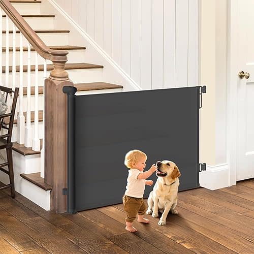 Retractable Baby Gate - 55" Wide Mesh Pet Gate with Anti-Crawling Hook, Safety Lock, One-Hand Operation, 34" Tall Baby Gate for Stairs, Doorways, Hallways, Garage, Indoor Outdoor, Black